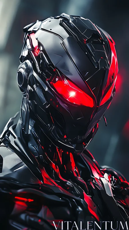 Black armored humanoid robot with illuminated red visor.