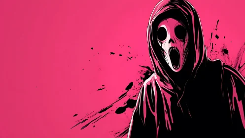 Hooded skull figure on neon pink horror splash background.