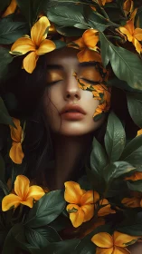 Floral dreamer crowned in gold petals and emerald leaves.