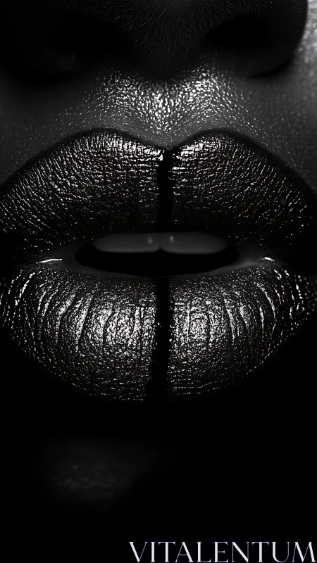 High-contrast macro of glossy split black metallic lips.