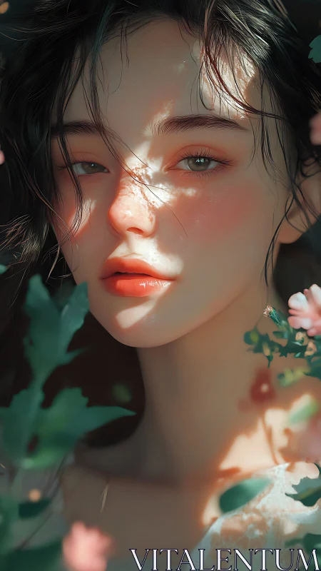 Sunlit portrait amid soft blossoms in dreamy focus.