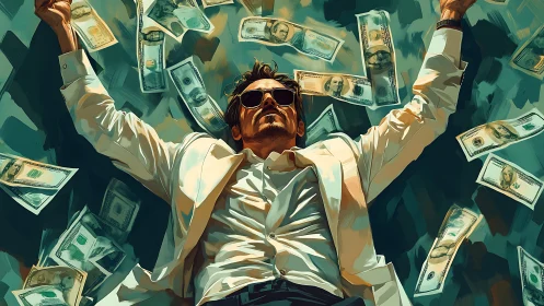 Wealth-soaked businessman reclines beneath raining dollar bills.