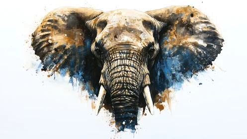 Elephant portrait explodes in blue and ochre watercolor splashes