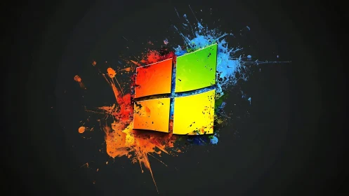 Vibrant tech logo bursts from dark splattered background