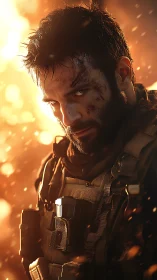 Battle-scarred soldier smolders against a burning sky.