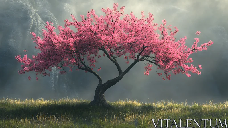 Computational cherry tree model in volumetric misted valley.