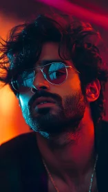 Neon-lit portrait captures man in reflective sunglasses.