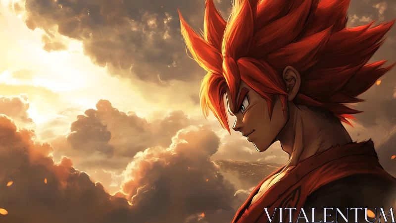 Fiery hero gazes over glowing storm clouds at sunset