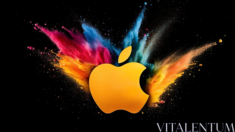 Golden apple silhouette with explosive neon powder burst