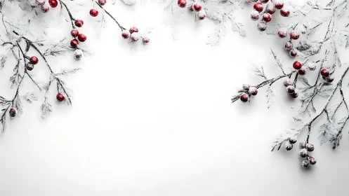 Frosted red berry branches frame negative space on white field