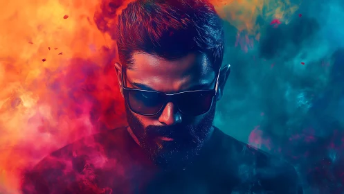 Neon-lit male portrait framed by duotone smoke clouds.