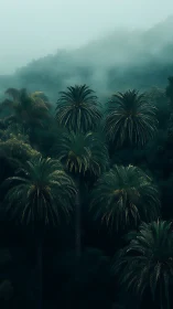 Misty Tropical Canopy: Palm Trees Shrouded in Atmospheric Fog.