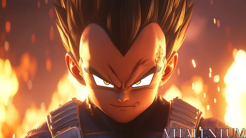 Armored anime warrior portrait amid blazing flames.