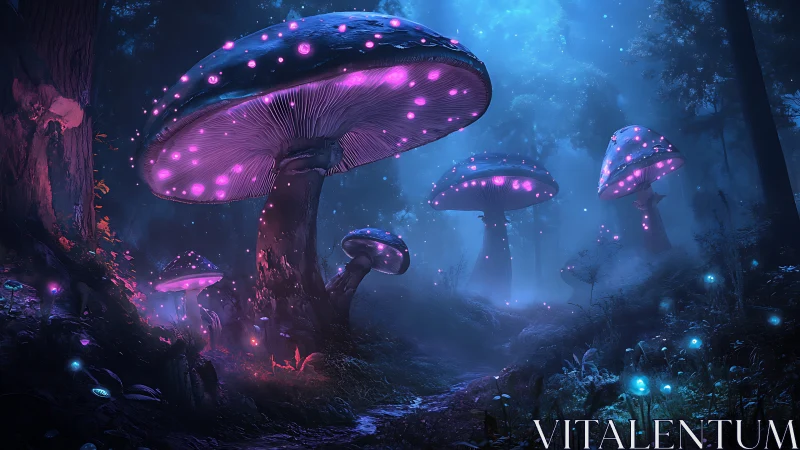 Luminescent mushroom giants guard a dream-soaked forest path.