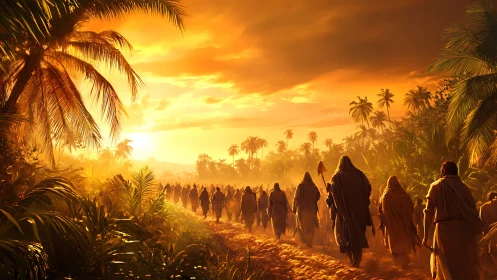 Hooded pilgrims crossing sunlit tropical jungle trail at dusk.