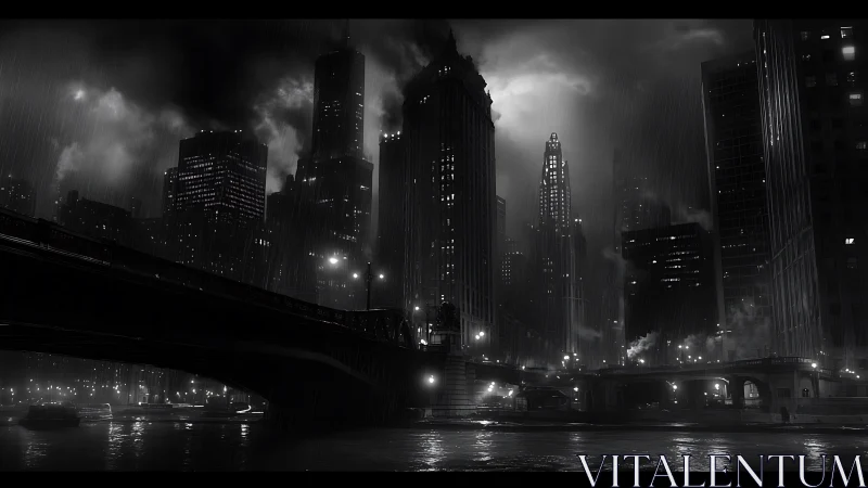 Midnight rain over a quiet, brooding city skyline.