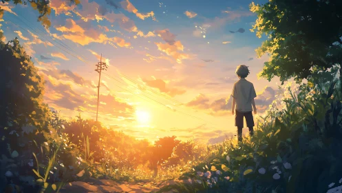 Sunset field boy gazes toward glowing summer horizon.