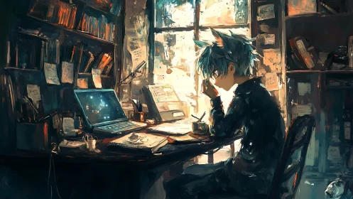 Digital painting study of solitary anime writer at dusk workspace.