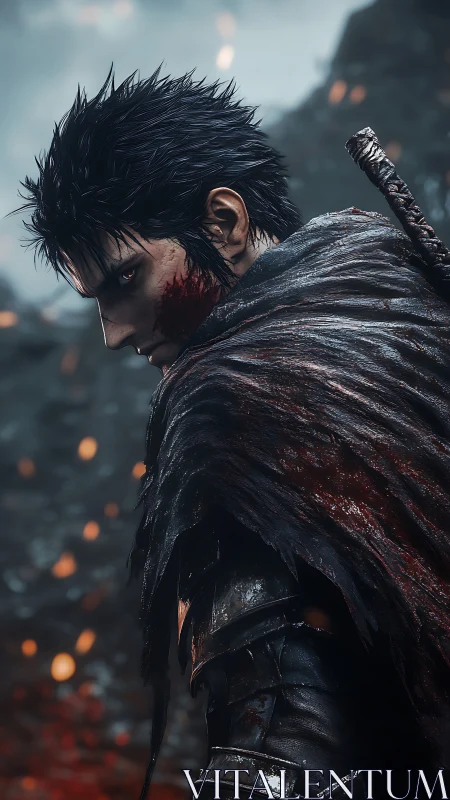 Battle-worn warrior turns, bloodied face and dark armor look