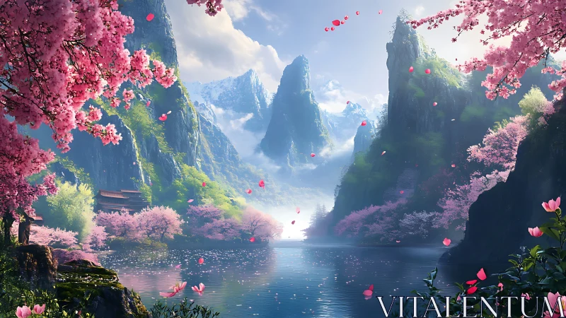 Digital painting of sakura valley with alpine lake panorama.
