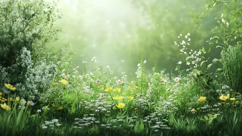 Sunlit wildflower meadow glows with dense spring greenery