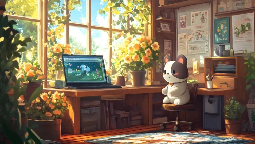 Cozy sunny studio with a cute plush friend at the desk.