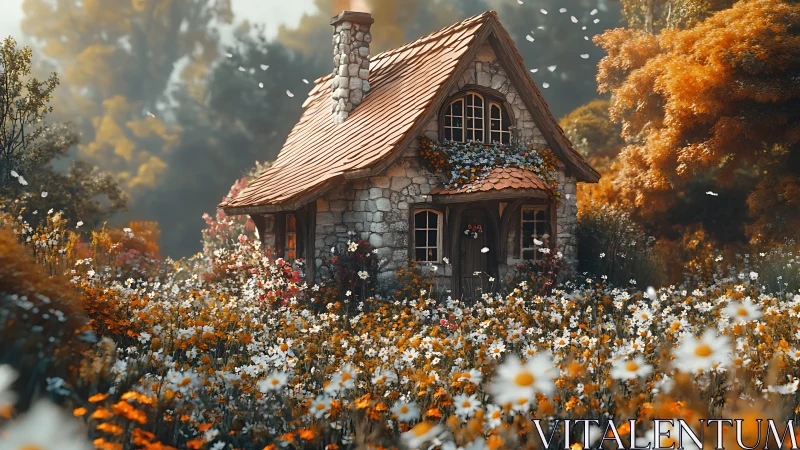 Stone cottage stands in dense wildflower meadow under warm light