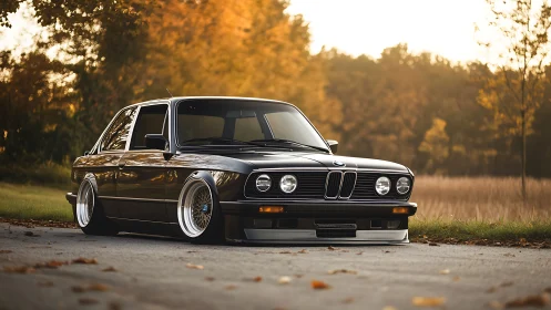 Lowered classic BMW sedan rests on rural road at sunset