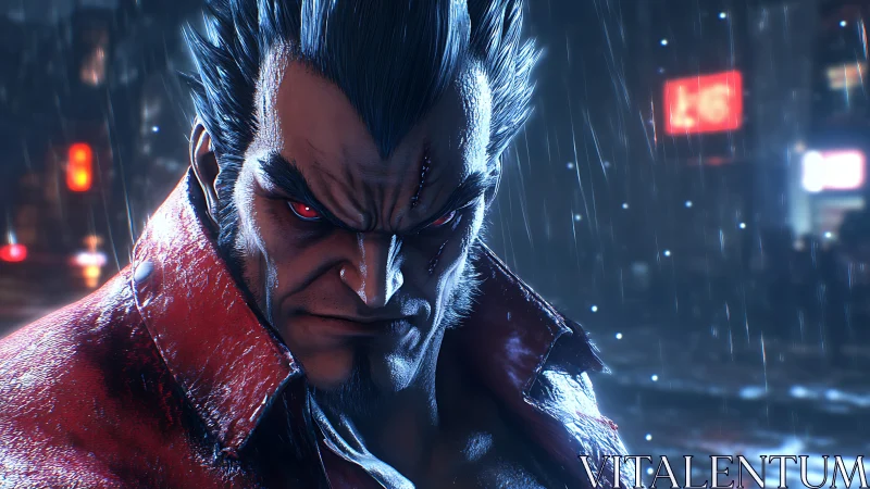 3D cinematic close-up of intense antihero in neon rainstorm.