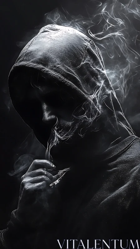 High-contrast hooded smoker rendered in dramatic side lighting