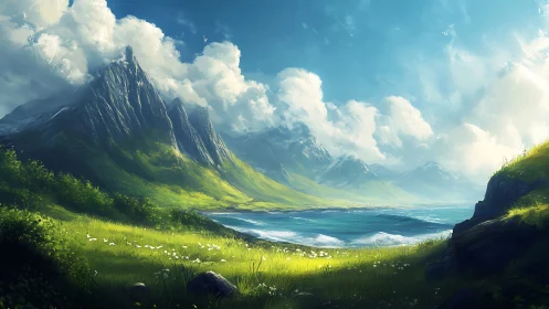 Sunlit coastal valley frames dramatic alpine ridgeline panorama