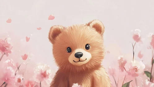 Digital illustration shows stylized bear amid pink flowers