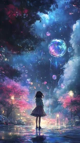 少女が夜の街で浮遊する光球と星雲空を見上げている