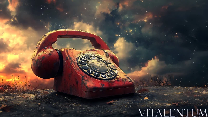 Stargazing Rusted Rotary Phone Under Ember Skies.