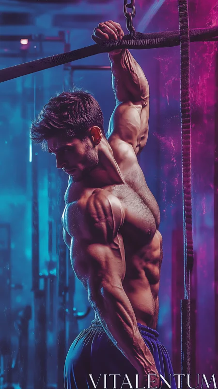 Muscular athlete hangs from strap under neon gym lighting