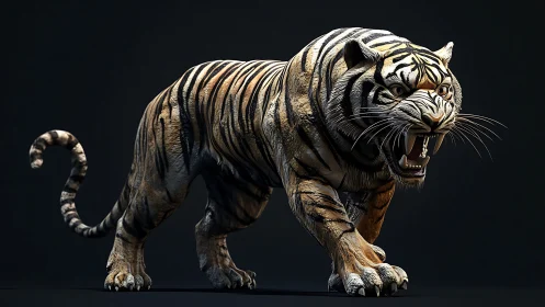 3D tiger model prowls forward with bared fangs, tense muscles.