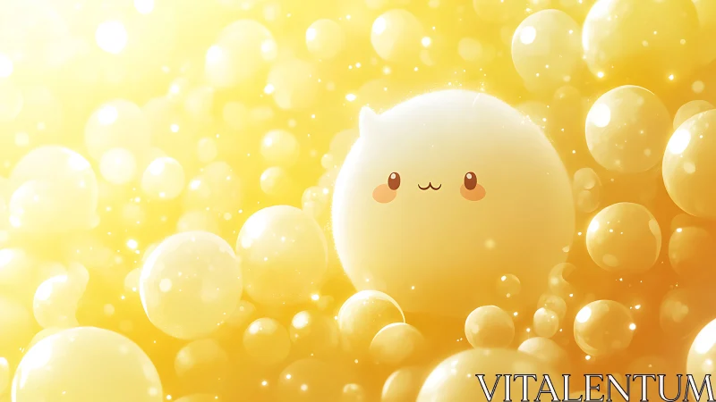 Smiling yellow blob drifts among glowing golden bubbles.