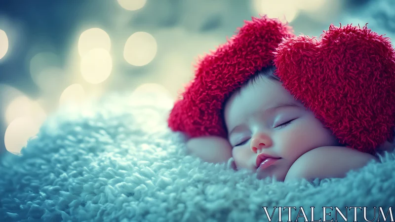 Infant sleeping in red knit hat on soft blue blanket