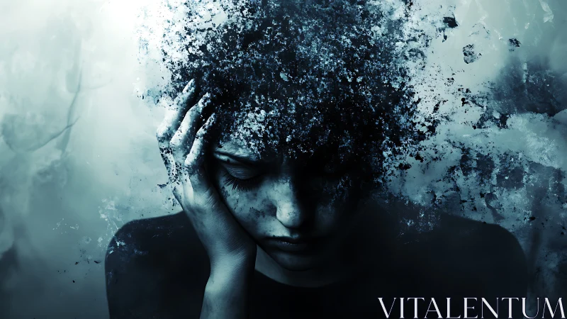 Shattered mind dissolves into icy blue emotional abstraction