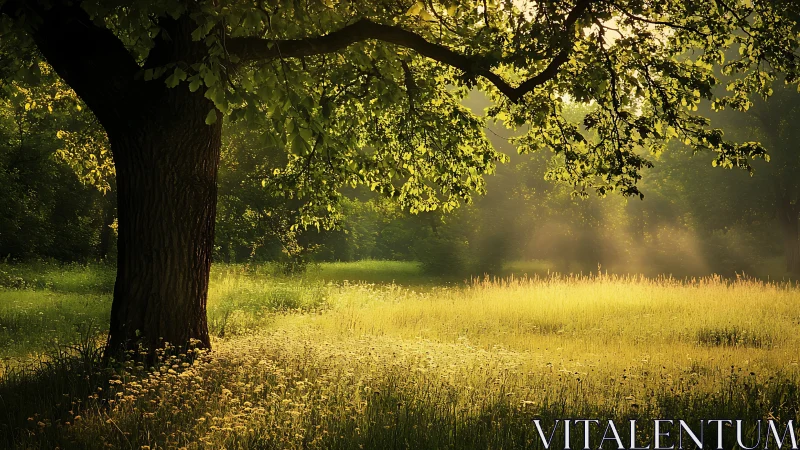 Sunlit meadow hush beneath a kindly guardian tree.