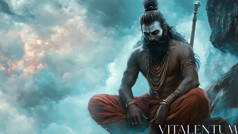 Sky-borne ascetic carves stillness from storm-torn clouds