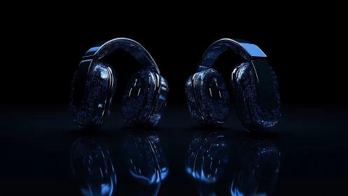 Dual digital headsets with luminous blue circuitry reflections.
