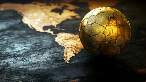 Golden textured soccer ball on dark world map surface.