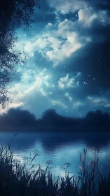 Moonlit lake shimmers beneath drifting clouds and quiet stars