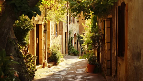 Sunlit village lane draped in vines and quiet afternoon glow.