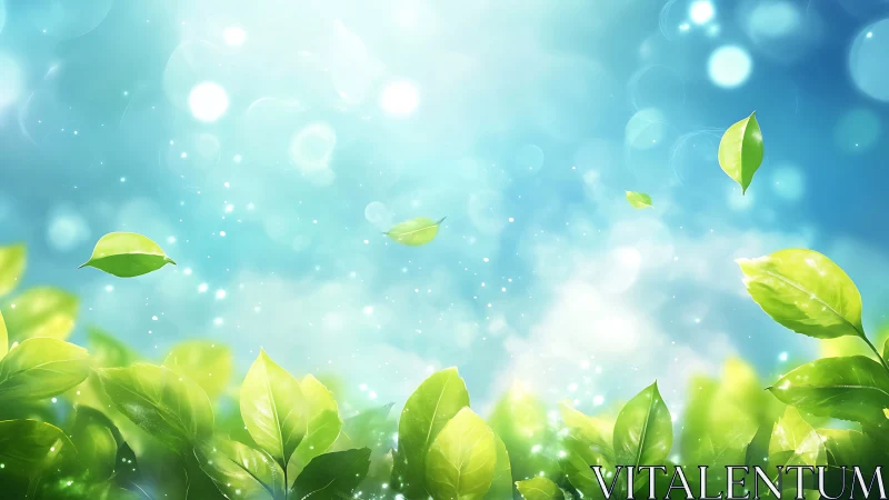 Sunlit leaves drift through dreamy turquoise morning air.