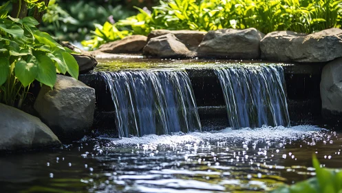 Photorealistic garden waterfall with structured stone edge.