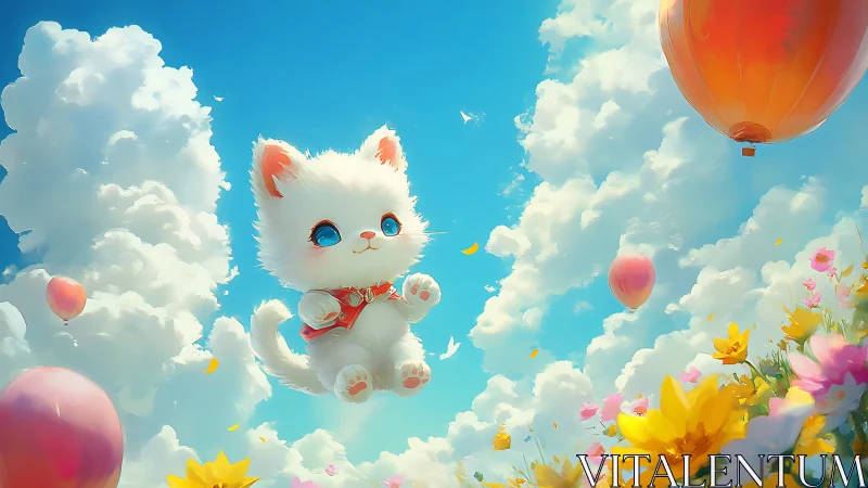 Ethereal White Kitten Floating Through Cumulus Clouds and Balloons.