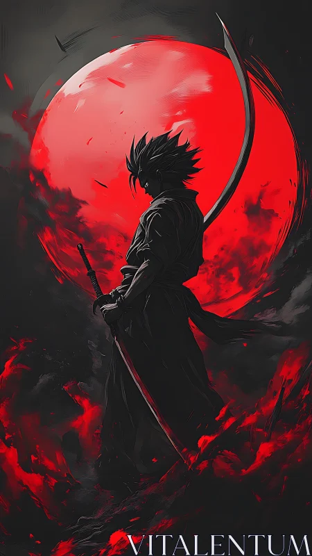 Lone warrior stands boldly under a blazing crimson moon