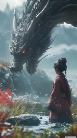 Dragon’s crimson gaze meets lone girl in misted valley.